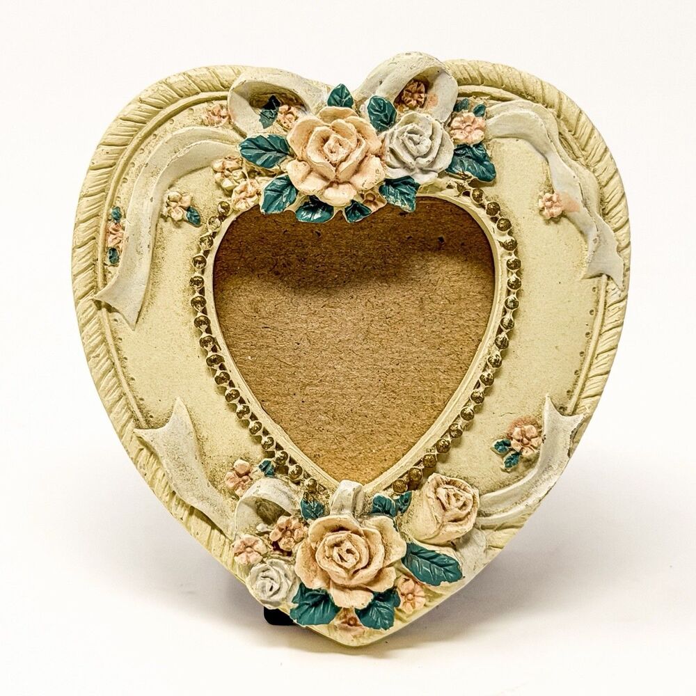 Vintage Russ Heart Picture Frame Roses Ribbon Shabby Chic Cottagecore 2x3